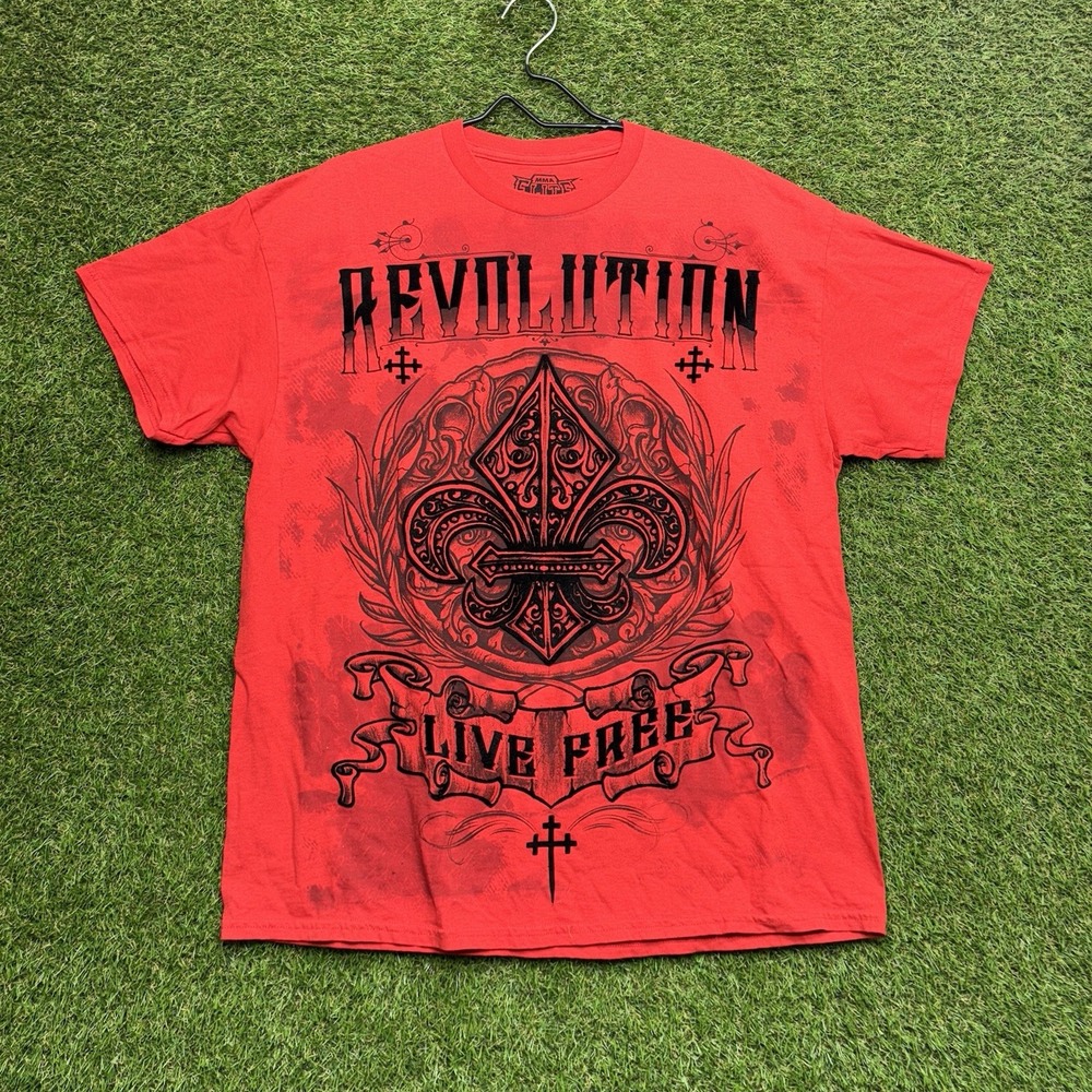 MMA Elite Shirt Mens XL Red Y2K Cross Skull Wings Affliction AOP Grunge Punk